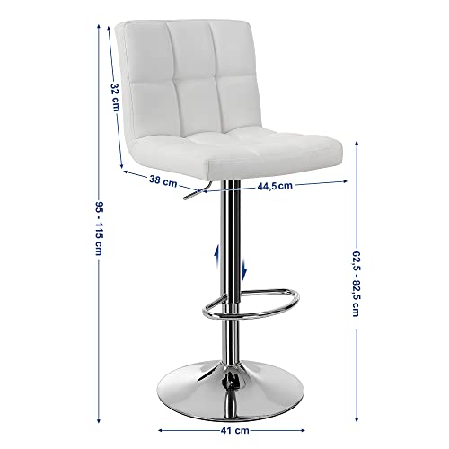 2 Taburetes para islas de cocina Regulables en Altura tapizados en Piel Sintética Blanca, Giratorio 360° con Respaldo y Reposapiés, Acero Cromado. Medidas. LJB64W. Songmics