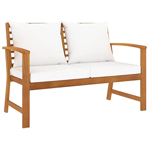 Vista general del Decorativo Banco de jardín de 120 cm con Cojines color Crema y Madera de Acacia Maciza. VidaXL