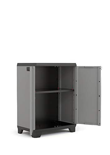 Puertas abiertas de Armario Bajo Keter Stilo para almacenaje 1 Balda Color Gris Oscuro, Negro y Rojo. Dimensiones 68 x 39 x 90 cm