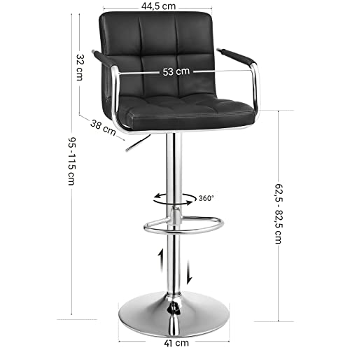 2 Taburetes altos con respaldo Regulables en Altura Giratorios Cromados, de Cuero sintético Negro LJB93B, 38 x 44,5 x (95-115) cm. SMedidas. ongmics