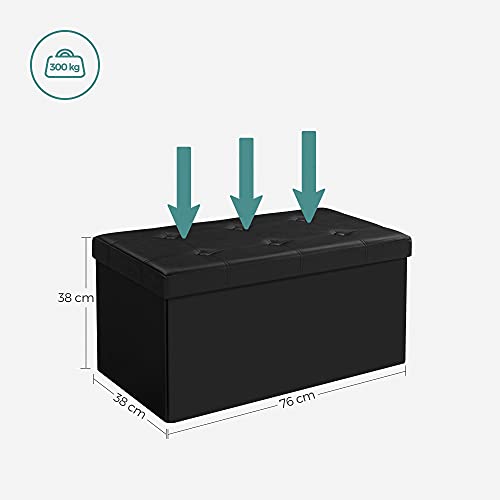 Medidas y peso soportado por la Otomana Puff de Almacenaje de 80 litros y carga hasta 300 kg. Elaborado en PVC negro acolchado ideal en sala de estar, dormitorio o entrada. LSF105 de Songmics