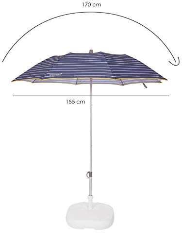 Medidas de la Sombrilla Parasol de aluminio ligero y plegable para terraza o playa de 155cm con Protección solar UPF 50+. Estampado a rayas. Incluye con funda de transporte. Color rodeno Hecho en España por EZPELETA