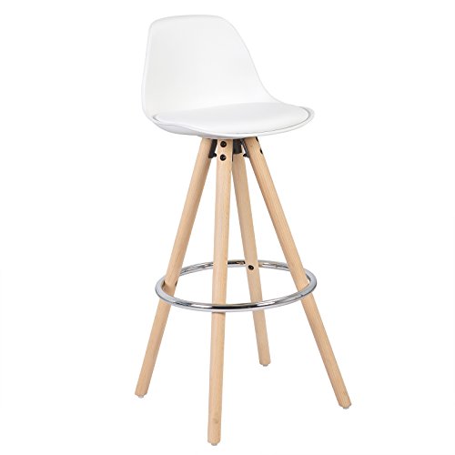 2 Taburetes de cocina con Respaldo estilo nórdico moderno, estructura de Madera Maciza, tapizado Imitación de Cuero Blanco. Vista general. WOLTU®