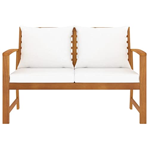 Vista frontal del Decorativo Banco de jardín de 120 cm con Cojines color Crema y Madera de Acacia Maciza. VidaXL