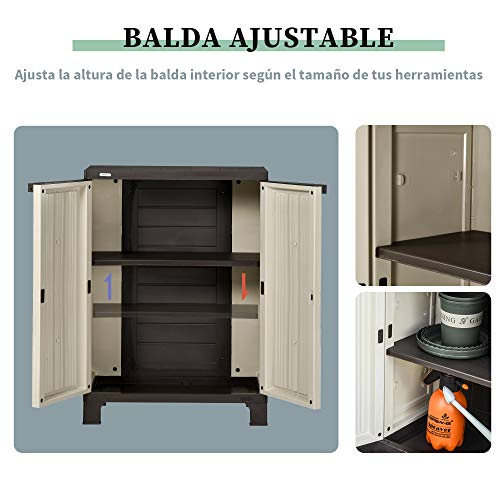 Armario de Jardín Cobertizo de Herramientas para Exterior con Doble Puertas Estante Ajustable de 4 Niveles 65x37x91,4 cm Beige. Outsunny | maxjardin