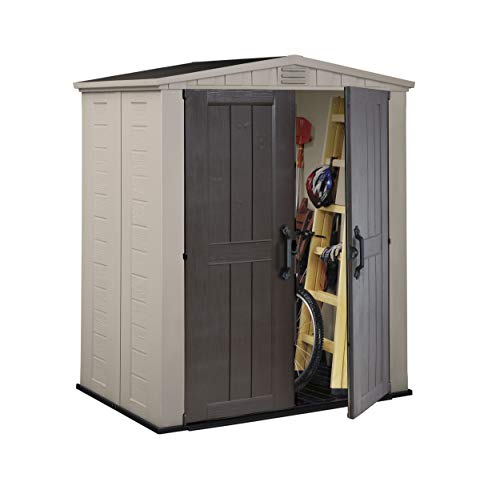 Caseta de jardín exterior Factor 6x3 con escuadra incluida, Marrón y Beige. Vista del producto con puerta entreabierta. Keter
