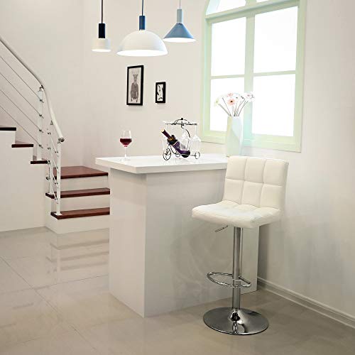 2 Taburetes para islas de cocina Regulables en Altura tapizados en Piel Sintética Blanca, Giratorio 360° con Respaldo y Reposapiés, Acero Cromado. Vista en ambiente. LJB64W. Songmics