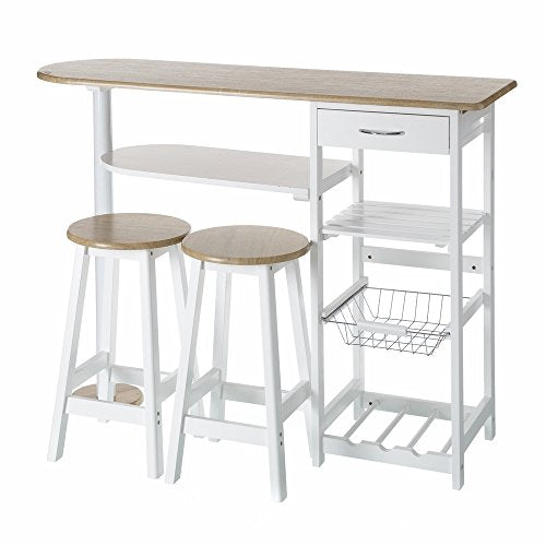 Conjunto de mesa alta y 2 taburetes de madera color blanco con 1 cajón, 2 estantes, cesta extraíble y botellero para cocina. Vista general - LOLAhome