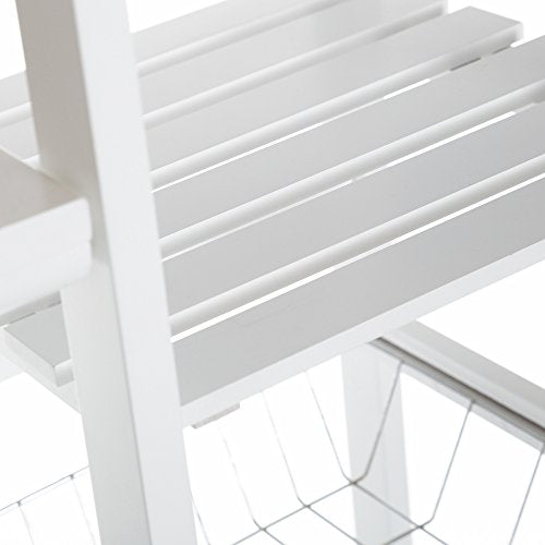 Conjunto de mesa alta y 2 taburetes de madera color blanco con 1 cajón, 2 estantes, cesta extraíble y botellero para cocina. Detalle estante - LOLAhome