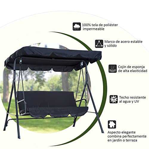 Columpio de Jardín de Metal con Parasol Balancín de 3 Asientos con Cojín y Techo Ajustable Negro. Características. Outsunny