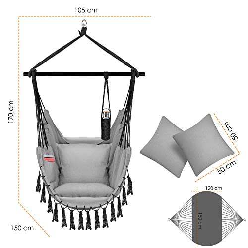 Medidas de la Silla Colgante con 2 Cojines, portabebidas y Compartimento para Libros. Adultos y niños, resiste hasta 150 kg, para Interior y Exterior, Grigio. KESSER®