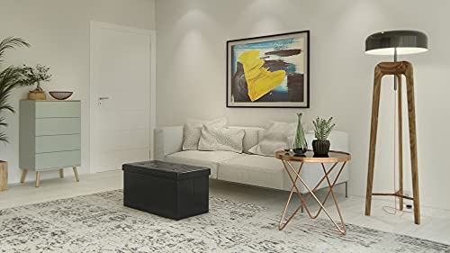 Ambiente de salón con reposapies de  Otomana Puff de Almacenaje de 80 litros y carga hasta 300 kg. Elaborado en PVC negro acolchado ideal en sala de estar, dormitorio o entrada. LSF105 de Songmics