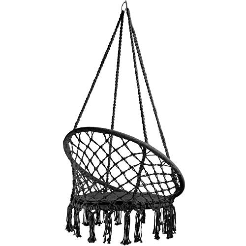 Vista general de la Silla Colgante con Cojín, Estructura de Acero, Ideal para Jardín Exterior Terraza Color Negro | No. 403115. TecTake