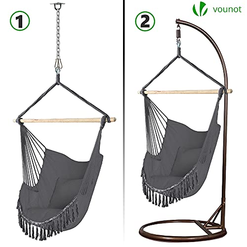 Instalación mediante gancho al techo o estructura independiente para la Silla Colgante con Flecos de Algodón con 2 Cojines, Barra Separadora de Madera, Portátil para Interior y Exterior, Gris VOUNOT 