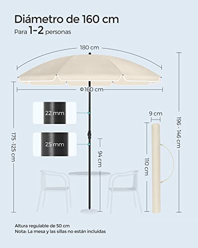 Ideal para 1 o 2 personas con 160 cm de diámetro de la Sombrilla de playa plegable 160 cm, UPF 50+, Inclinación Bidireccional de 30°, Altura Ajustable, con Bolsa de Transporte, también para Balcón Jardín Terraza, sin Base, color Beige GPU60WTV1 - SONGMICS