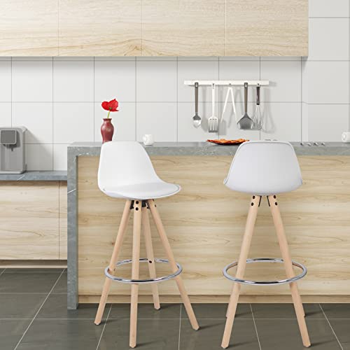2 Taburetes de cocina con Respaldo estilo nórdico moderno, estructura de Madera Maciza, tapizado Imitación de Cuero Blanco. Vista en cocina moderna.WOLTU®