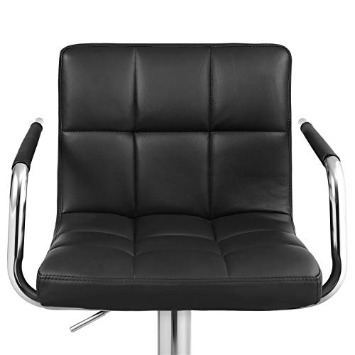 2 Taburetes altos con respaldo Regulables en Altura Giratorios Cromados, de Cuero sintético Negro LJB93B, 38 x 44,5 x (95-115) cm. Vista frontal del asiento. ongmics