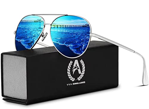 Vista de gafas con caja de Gafas de sol Polarizadas Piloto Unisex Protección UV400 Azul Plateado V101 por VVA