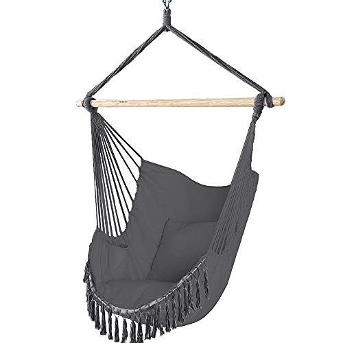 Silla Colgante con Flecos de Algodón con 2 Cojines, Barra Separadora de Madera, Portátil para Interior y Exterior, Gris VOUNOT 