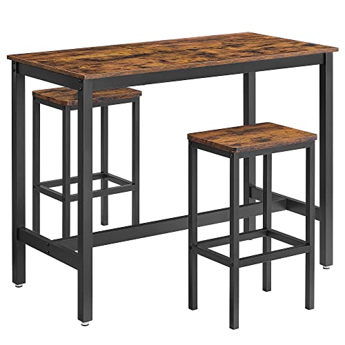 Mesa alta con 2 Taburetes de Barra para Desayuno. Barra alta de Cocina con Sillas para Salón, Sala de Fiestas o cocina de estilo Industrial Rústico, Marrón. Vista general.  LBT15X. VASAGLE
