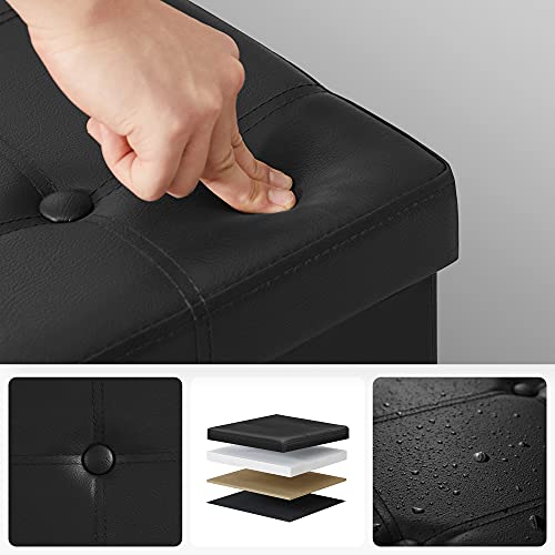 Características de la  Otomana Puff de Almacenaje de 80 litros y carga hasta 300 kg. Elaborado en PVC negro acolchado ideal en sala de estar, dormitorio o entrada. LSF105 de Songmics