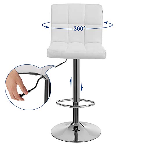 2 Taburetes para islas de cocina Regulables en Altura tapizados en Piel Sintética Blanca, Giratorio 360° con Respaldo y Reposapiés, Acero Cromado. Detalle palanca ajuste de altura y giro de 360º. LJB64W. Songmics