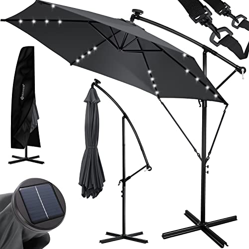 Sombrilla con luz de LED Solar Ø300 cm / Ø350 cm + Funda con Mecanismo de manivela con Interruptor on/Off protección UV Aluminio Impermeable de jardín. KESSER® 