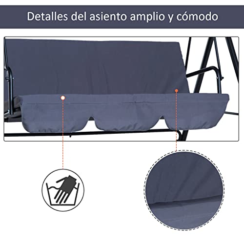 Columpio de Jardín de Metal con Parasol Balancín de 3 Asientos con Cojín y Techo Ajustable Negro. Detalles del asiento. Outsunny