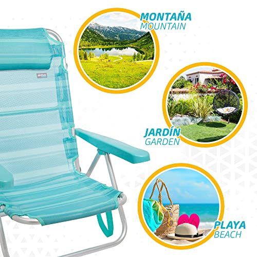Usos diversos de la Silla plegable de playa con cojín, 5 posiciones hasta horizontal, 48x45,5x84 cm, altura del asiento 21 cm, peso máx 100 kg, estructura reforzada, aluminio y PVC. 53963 Aktive