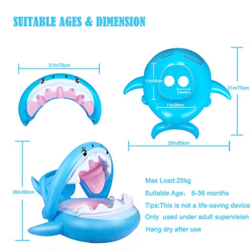 Medidas y características del Flotador para Bebé de 6-36 Meses con Sombrilla Ajustable para Piscina con diseño de tiburón de Flyboo