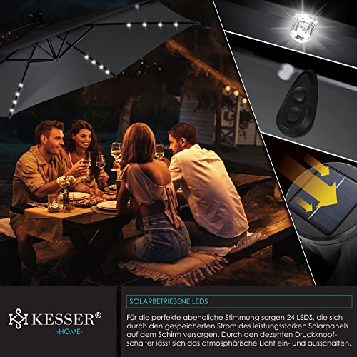 Cena a la luz de los leds de la Sombrilla con luz de LED Solar Ø300 cm / Ø350 cm + Funda con Mecanismo de manivela con Interruptor on/Off protección UV Aluminio Impermeable de jardín. Detalles de la placa solar, interruptor y leds. KESSER® 