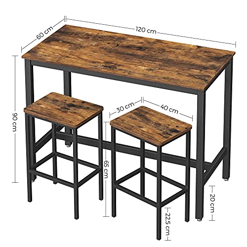 Mesa alta con 2 Taburetes de Barra para Desayuno. Barra alta de Cocina con Sillas para Salón, Sala de Fiestas o cocina de estilo Industrial Rústico, Marrón. Medidas. LBT15X. VASAGLE