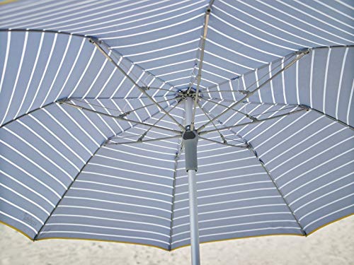 Vista inferior de la Sombrilla Parasol de aluminio ligero y plegable para terraza o playa de 155cm con Protección solar UPF 50+. Estampado a rayas. Incluye con funda de transporte. Color azul a rayas Hecho en España por EZPELETA