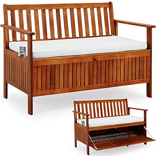 Banco de Exterior de Madera de Acacia con Almacenaje  120x62x82cm. Vista general y con trampilla abierta. Casaria