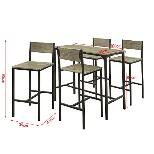 Mesa Alta de Bar y 4 Taburetes con Respaldos Estilo Industrial,ES (Madera). Medidas. OGT14-N. SoBuy