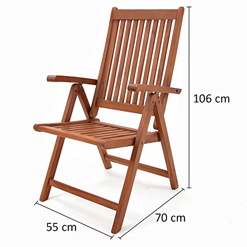 Medidas de la silla del conjunto de Mesa y 6 Sillas de Jardín en Madera de Eucalipto Mesa Extensible 2m Sillas Plegables Reclinables. CASARIA 