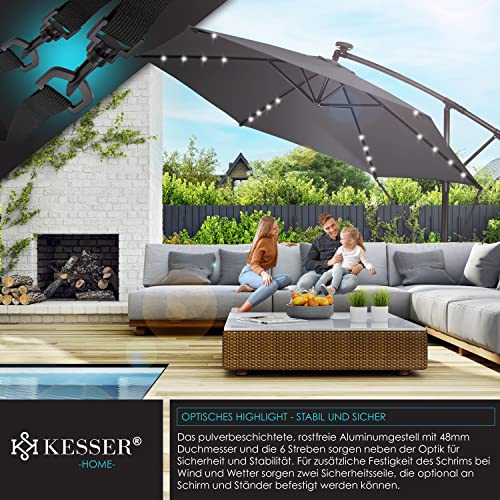 Bonita terraza con la Sombrilla con luz de LED Solar Ø300 cm / Ø350 cm + Funda con Mecanismo de manivela con Interruptor on/Off protección UV Aluminio Impermeable de jardín. KESSER® 