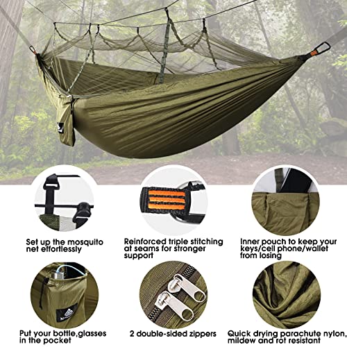 Vista general y detalles de la Hamaca Ultra Ligera para Viaje y Camping con Mosquitera. Soporta 300kg, Nylon de Paracaídas de Secado Rápido Transpirable 2 x Mosquetones Premium,4 x Correas de Nylon Incluidas. NatureFun