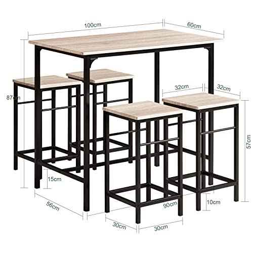 Medidas de la Mesa Alta de Bar y 4 Taburetes Estilo Industrial OGT11-N,ES. SoBuy
