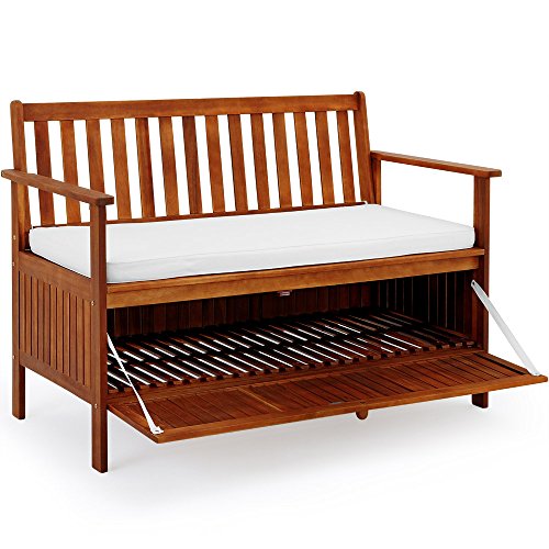 Banco de Exterior de Madera de Acacia con Almacenaje  120x62x82cm. Vista con trampilla abierta.  Casaria
