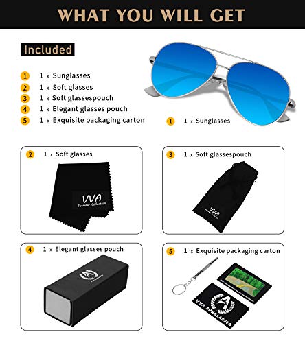 Descripción del pack de producto de Gafas de sol Polarizadas Piloto Unisex Protección UV400 Azul Plateado V101 por VVA
