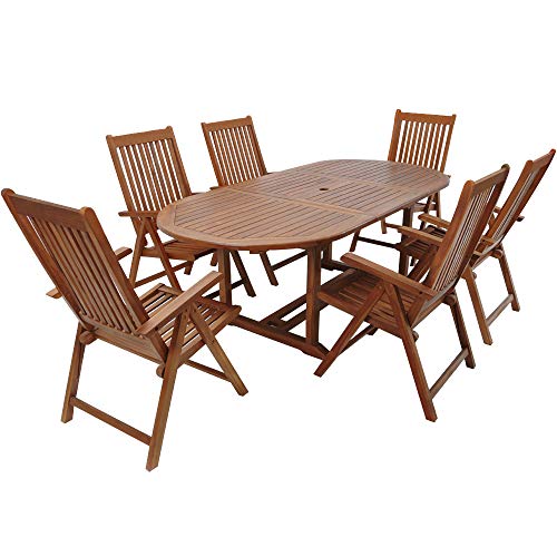Mesa y 6 Sillas de Jardín en Madera de Eucalipto Mesa Extensible 2m Sillas Plegables Reclinables. CASARIA 