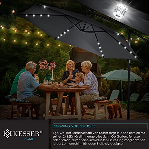 Bonito patio exterior durante la cena a la luz de los leds de la Sombrilla con luz de LED Solar Ø300 cm / Ø350 cm + Funda con Mecanismo de manivela con Interruptor on/Off protección UV Aluminio Impermeable de jardín. KESSER® 