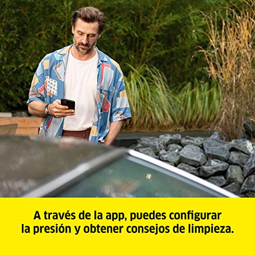 Ajustes y consejos desde la APP para móvil de la Hidrolimpiadora Kärcher de alta presión K 3 Power Control, inteligente soporte con la App, efectivo contra la suciedad diaria, 120 bar, 1.600W, 380L/h, Color amarillo/negro
