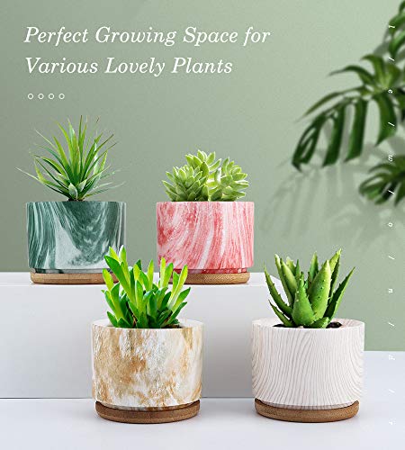 Macetas de Cerámica Multicolor para Flores y Plantas, [4 PZS / 9x9x6,5 cm] con Bandeja de Bambú para Oficina u hogar. Lewondr
