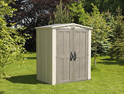Caseta de jardín exterior Factor 6x3 con escuadra incluida, Marrón y Beige. Caseta en jardín. Vista en jardín. Keter
