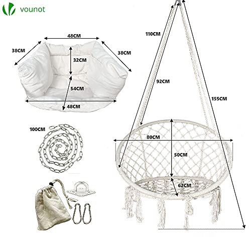 Medidas de la Silla Colgante de Exterior con Flecos y Cojines, Kit de Suspensión, Ø80cm para Interior y Exterior, Beige. VOUNOT 