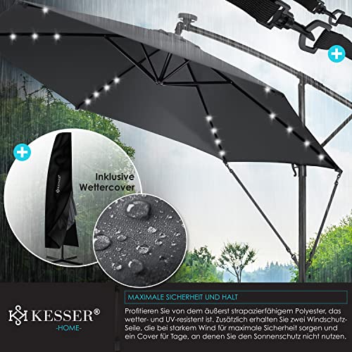 Materiales resistentes al agua de la Sombrilla con luz de LED Solar Ø300 cm / Ø350 cm + Funda con Mecanismo de manivela con Interruptor on/Off protección UV Aluminio Impermeable de jardín. KESSER® 