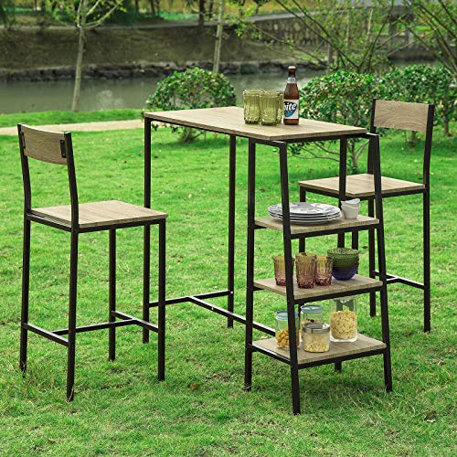 Vista de conjunto en jardín de Juego de 3 Piezas con 2 Taburetes y 1 Mesa Estilo Industrial con 3 estantes para cocina, ES. OGT16-N. SoBuy