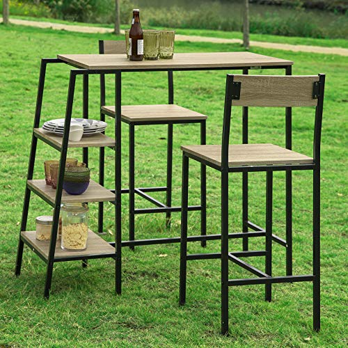 Vista en jardín de Juego de 3 Piezas con 2 Taburetes y 1 Mesa Estilo Industrial con 3 estantes para cocina, ES. OGT16-N. SoBuy